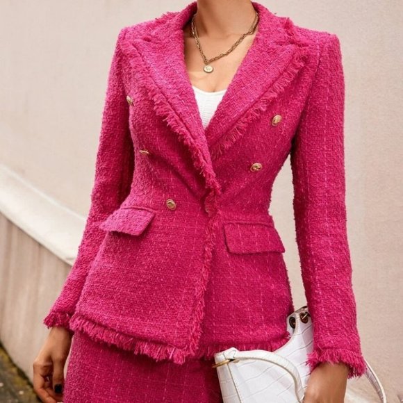 Classy Pink Tweed double breasted raw hem Blazer - Picture 2 of 6